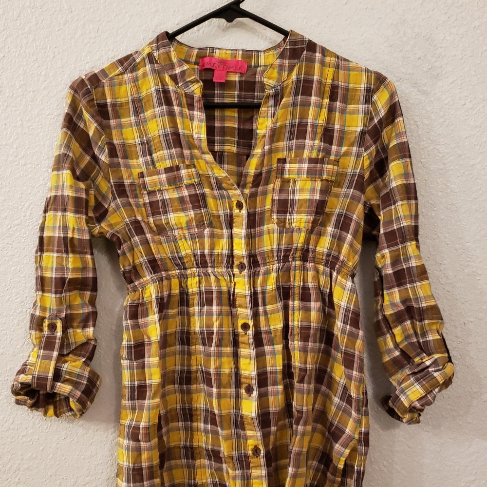 PLAID BANDED WAIST BUTTON DOWN TUNIC